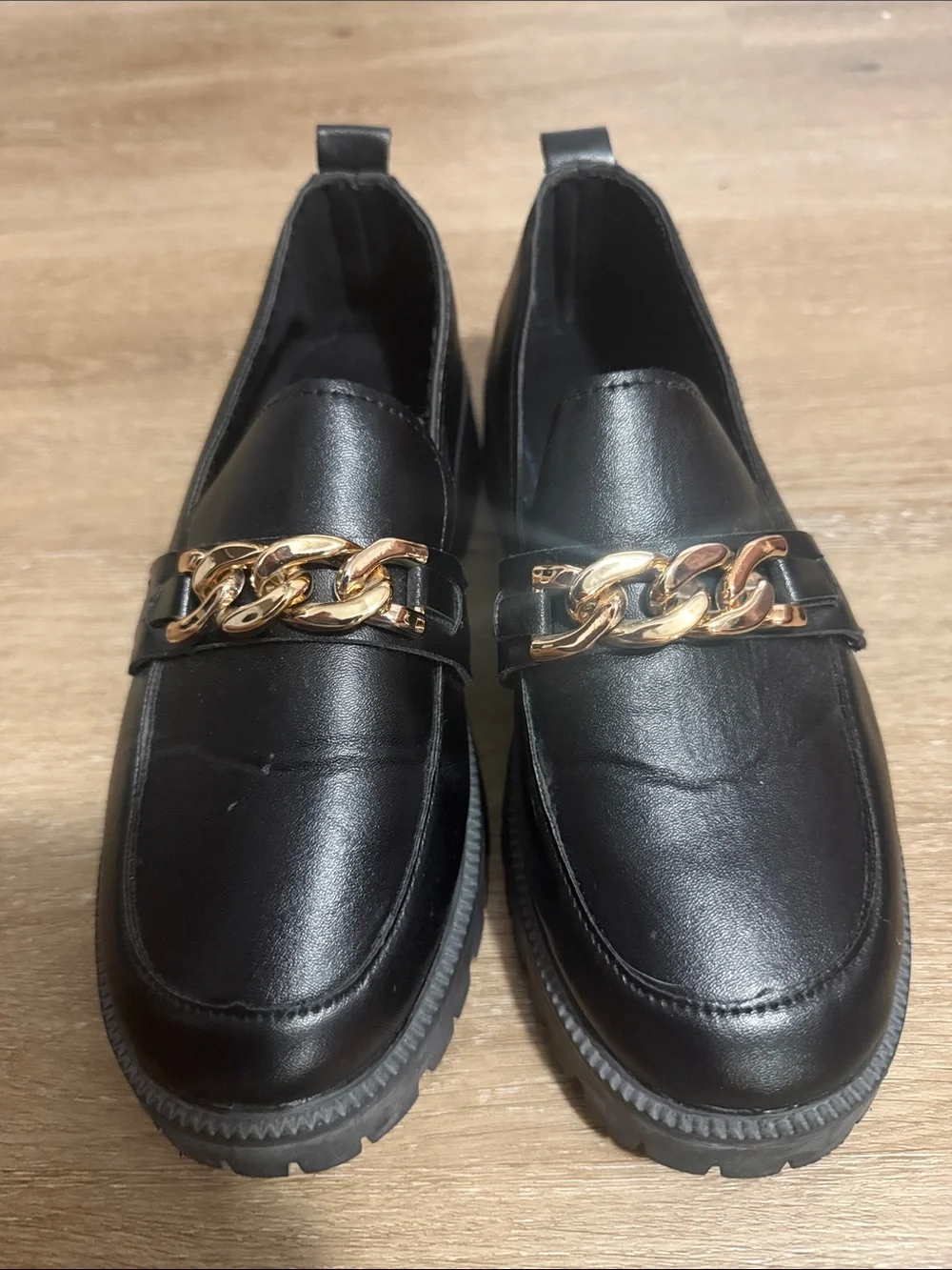 Black faux Leather Loafers with Gold Chain Detail